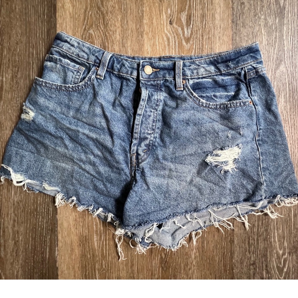 Wild Fable Jean Shorts Womens 10 Blue High Rise Distressed Raw Hem Button Fly